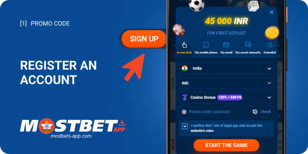 Register an account on the Mostbet website by clicking the "Sign Up" button