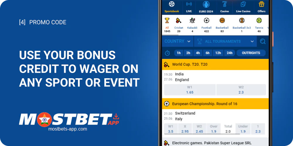 Use the bonus credit to bet on any sport or event at Mostbet