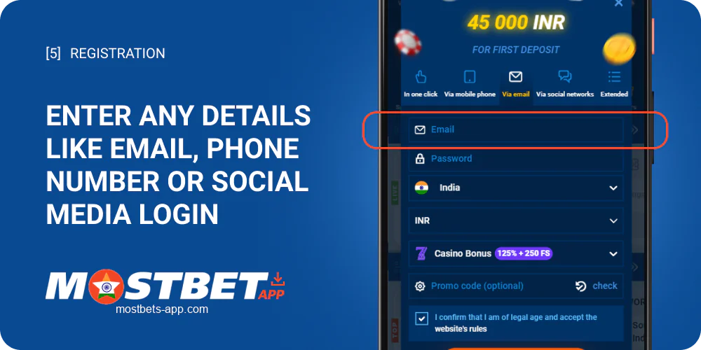 Enter the requested data for registration at Mostbet