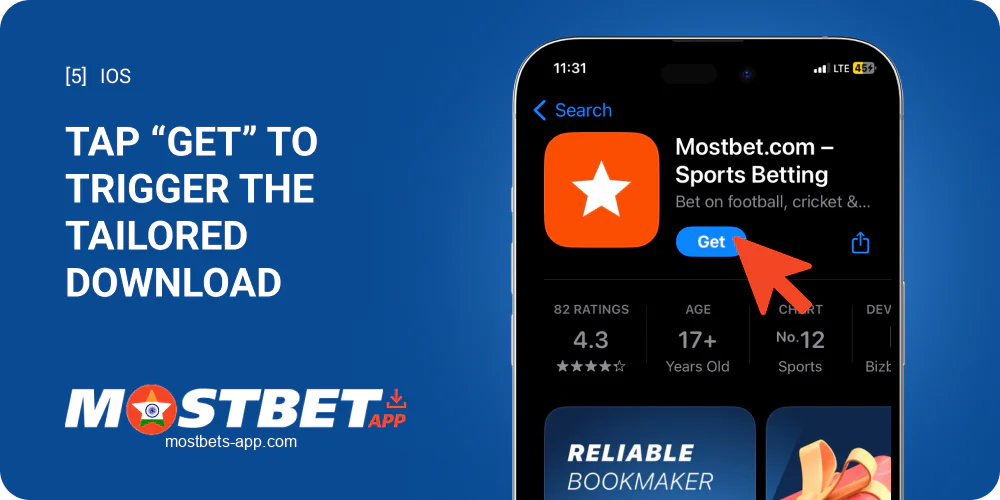 Tap the "Get" button to start downloading the Mostbet app