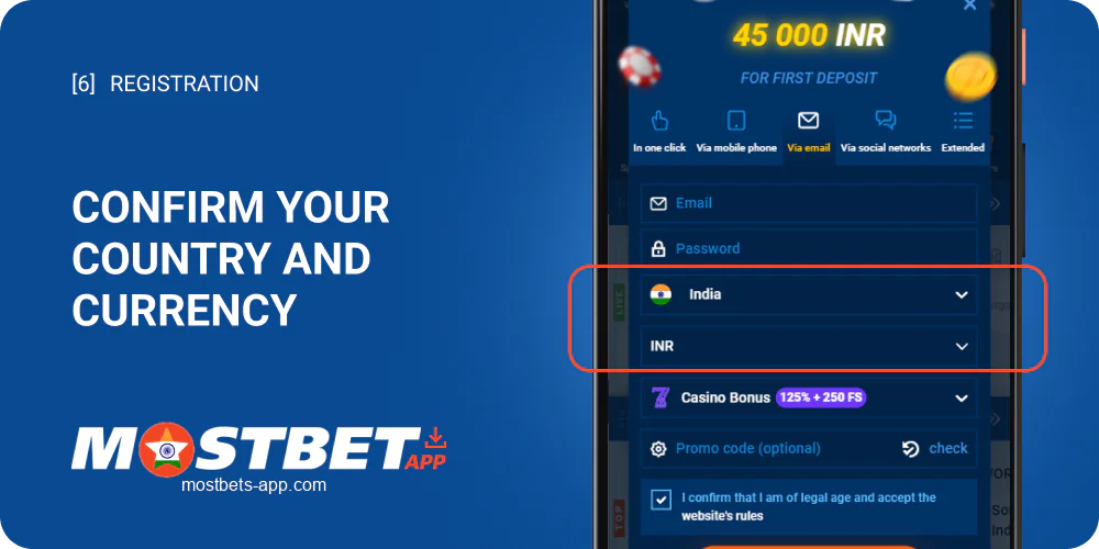 Confirm your country and currency as a Mostbet user