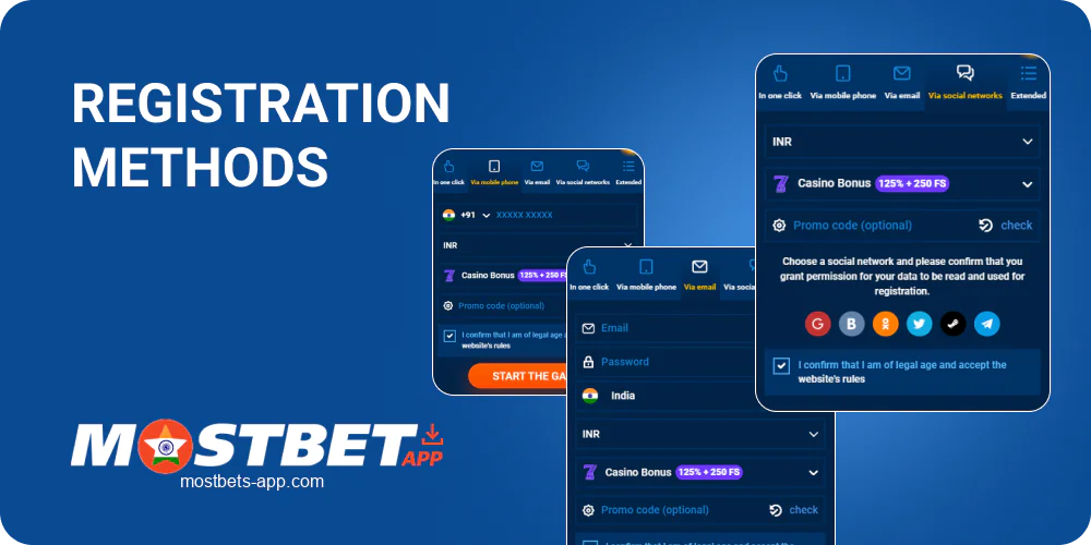 Methods of registration via the Mostbet India app